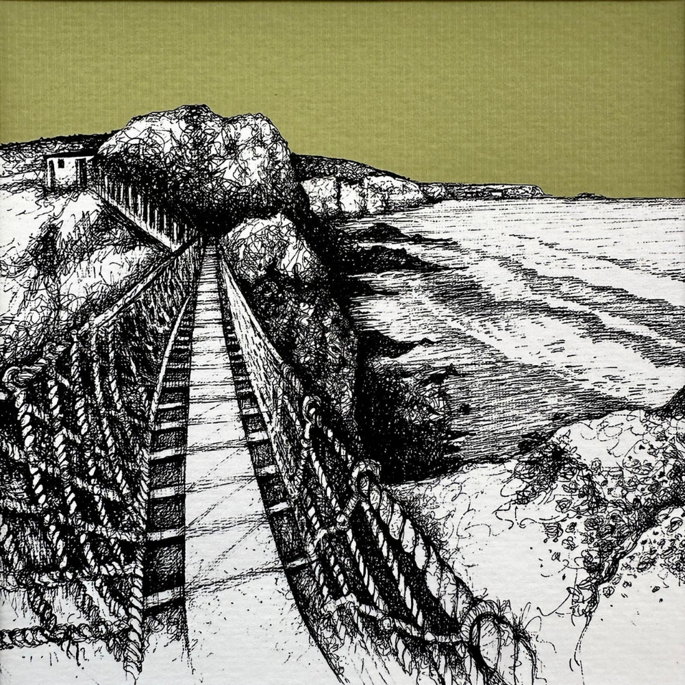Carrick-a-Rede Rope Bridge in Pen and Ink by Frankie Creith