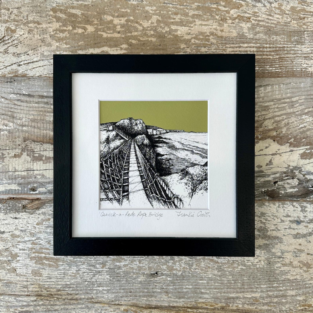 Carrick-a-Rede Rope Bridge in Pen and Ink by Frankie Creith
