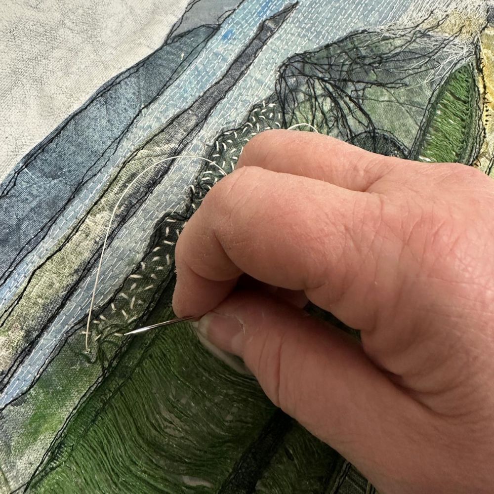 Royal Portrush Textile Artwork by Frankie Creith (Hand Sewing Detail)