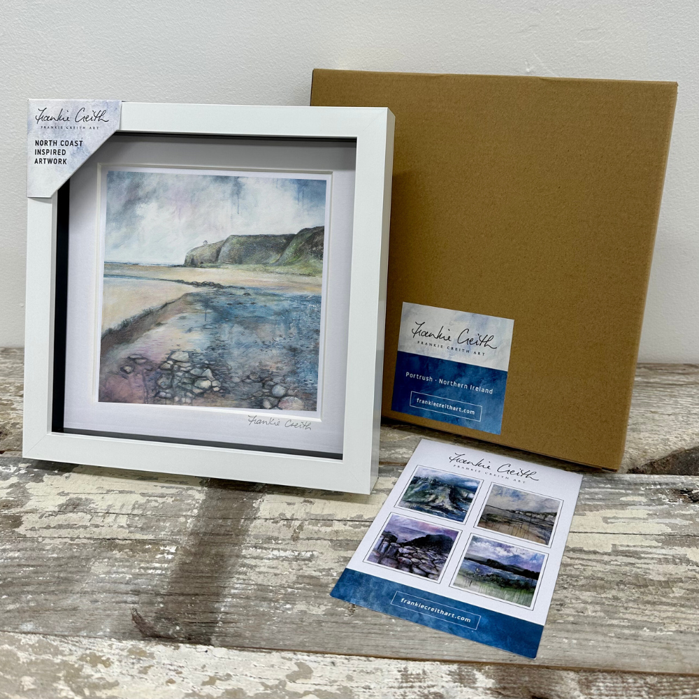 Downhill Beach box framed print by Northern Irish artist Frankie Creith. (with box)
