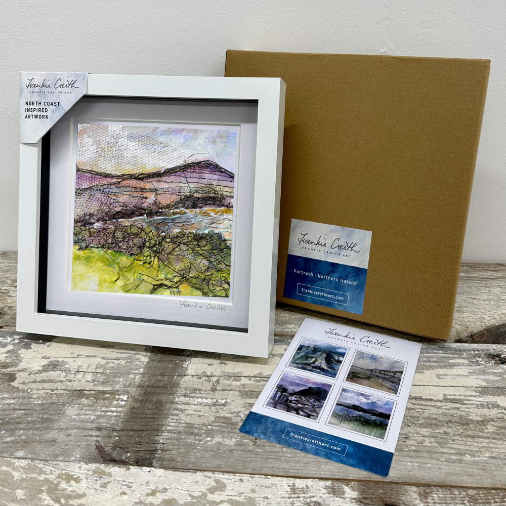 Irish Landscape Mountains box framed print by Northern Ireland artist Frankie Creith. (with box)