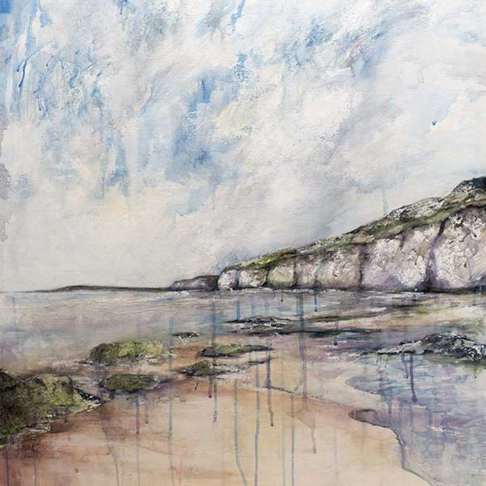   Purple Whiterocks, Portrush painting on a Greeting Card by Frankie Creith artist Northern Ireland (close up)