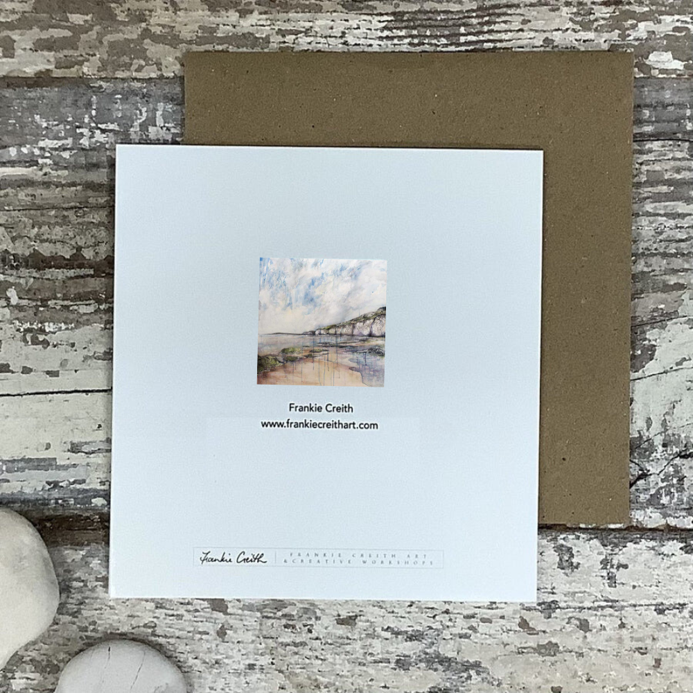    Purple Whiterocks, Portrush painting on a Greeting Card by Frankie Creith artist Northern Ireland (rear view)