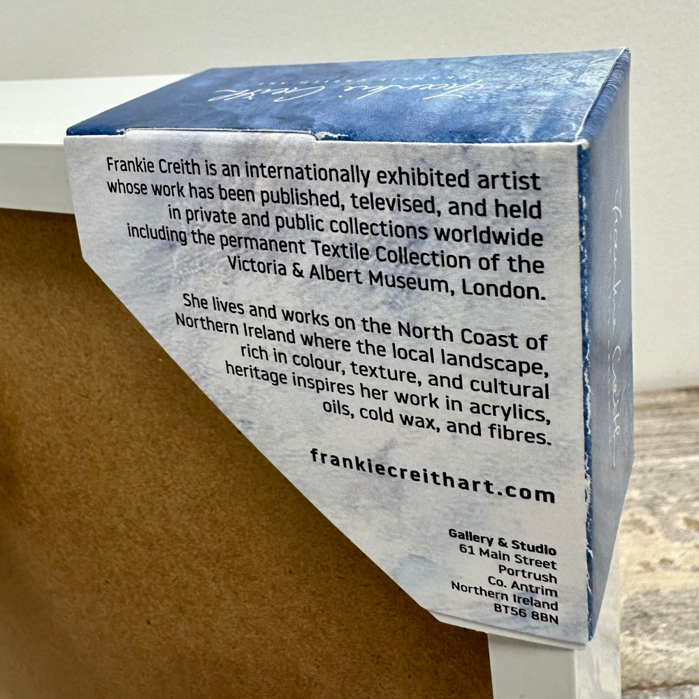 Stitched Portrush Babushka box framed print by Northern Ireland artist Frankie Creith. (rear view label)