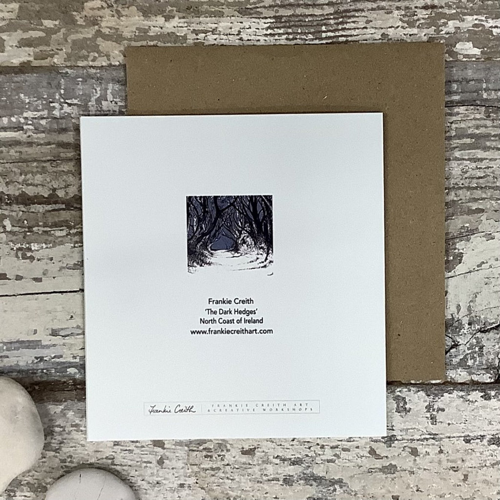 The Dark Hedges Greeting Card by Frankie Creith (back view)