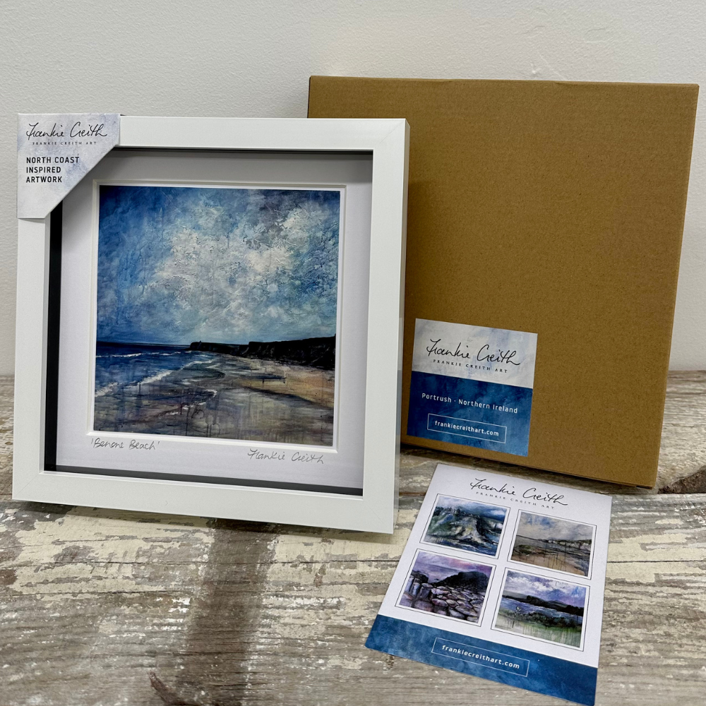 Benone Beach Box Framed Print artists card and kraft box