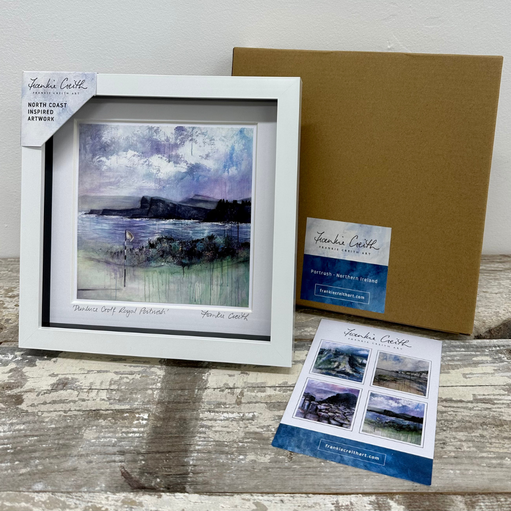 Dunluce Golf Portrush box framed print artist card and kraft box