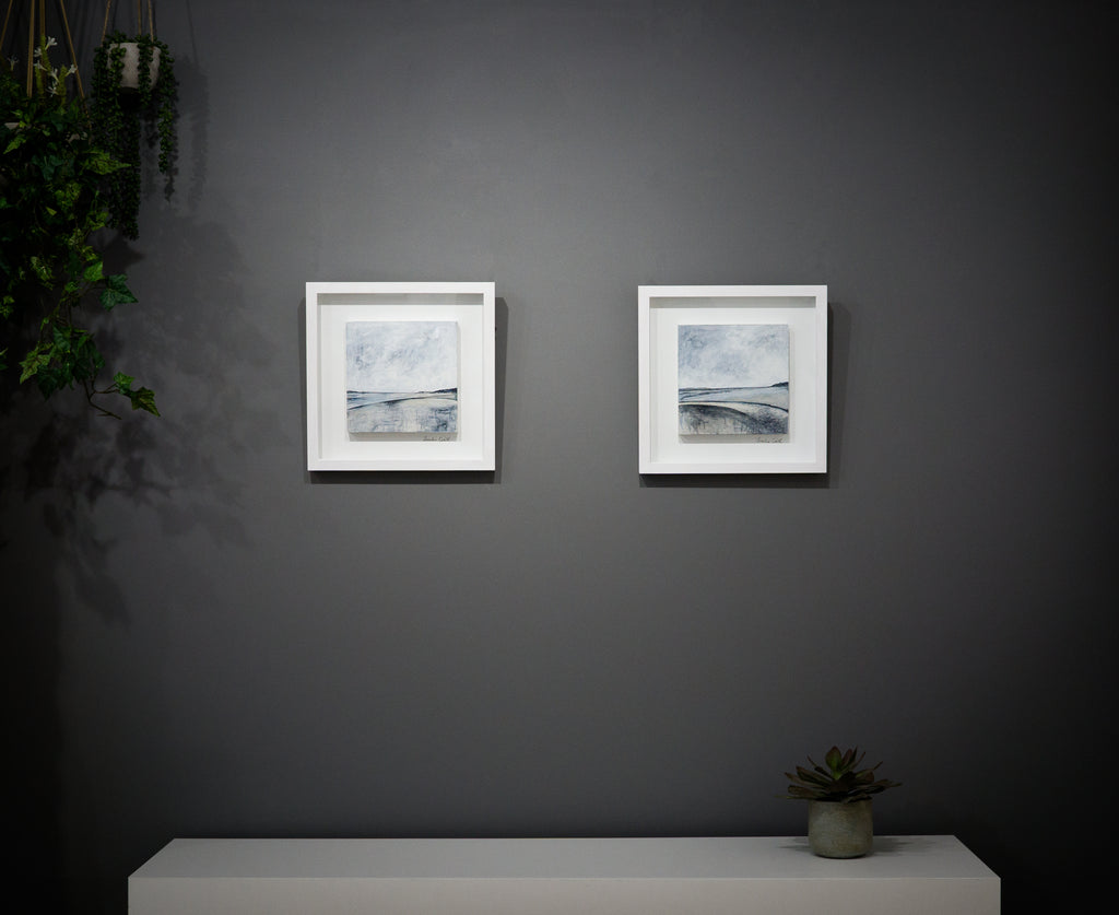 'Curran Point in Blue' an original painting by Frankie Creith hanging on a wall.