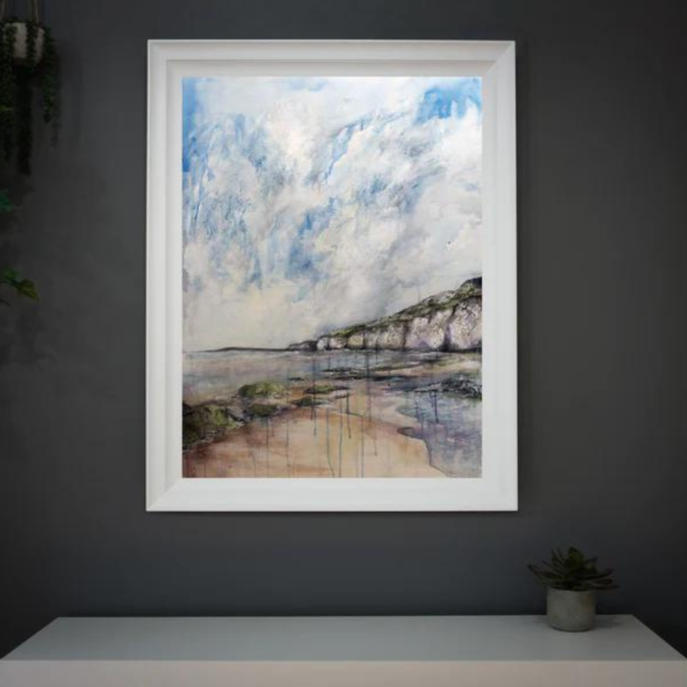 Purple Whiterocks original artwork framed on wall