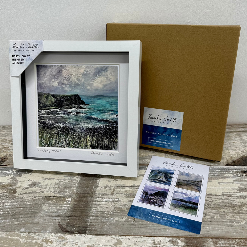Runkerry Head box framed print by Frankie Creith artist card and kraft box