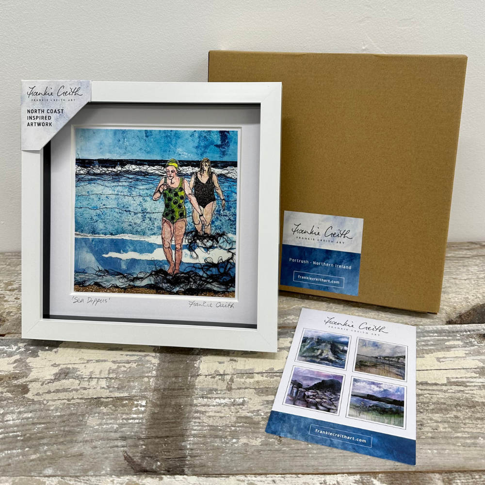 Sea Swimmers One Box Framed Print artist card and kraft box