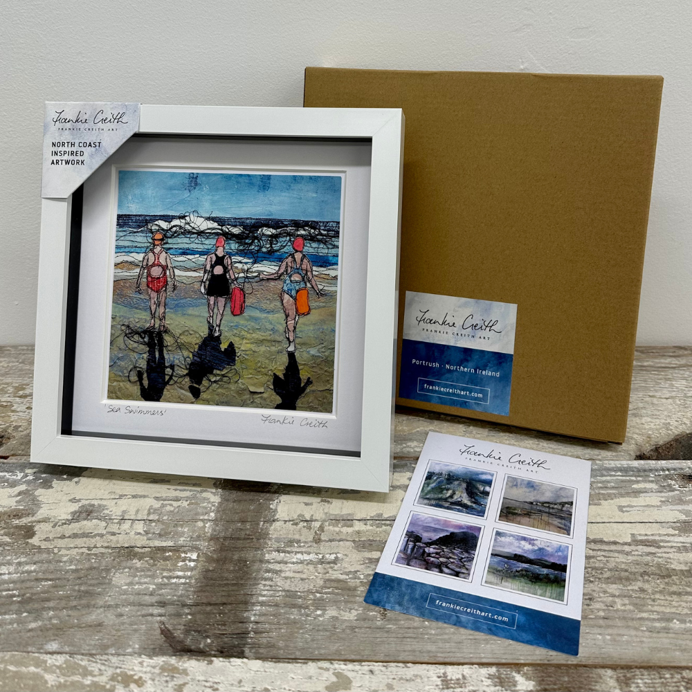 Sea Swimmers Three Box Framed Print artist card and kraft box