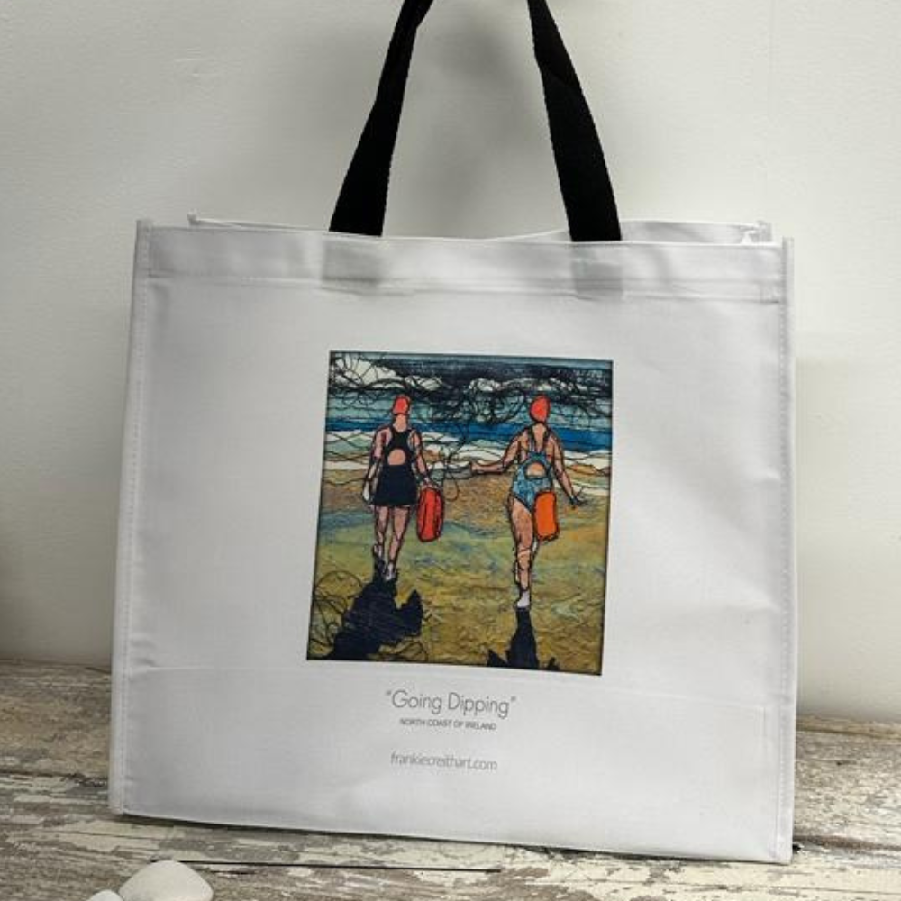 Sea Swimmers Three Going Dipping Tote Bag by Frankie Creith with straps