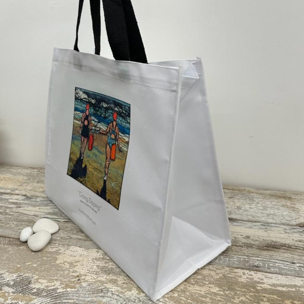 Sea Swimmers Three Going Dipping Tote Bag by Frankie Creith side view