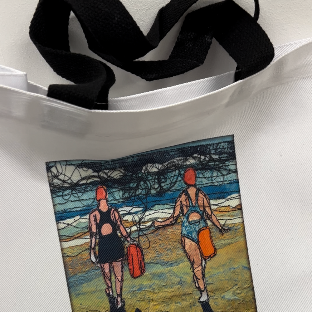 Sea Swimmers Three Going Dipping Tote Bag by Frankie Creith detailed view
