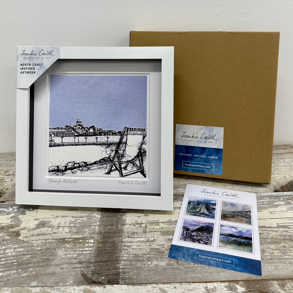 Stitched Portrush Barry's Box Framed Print artists card and kraft box
