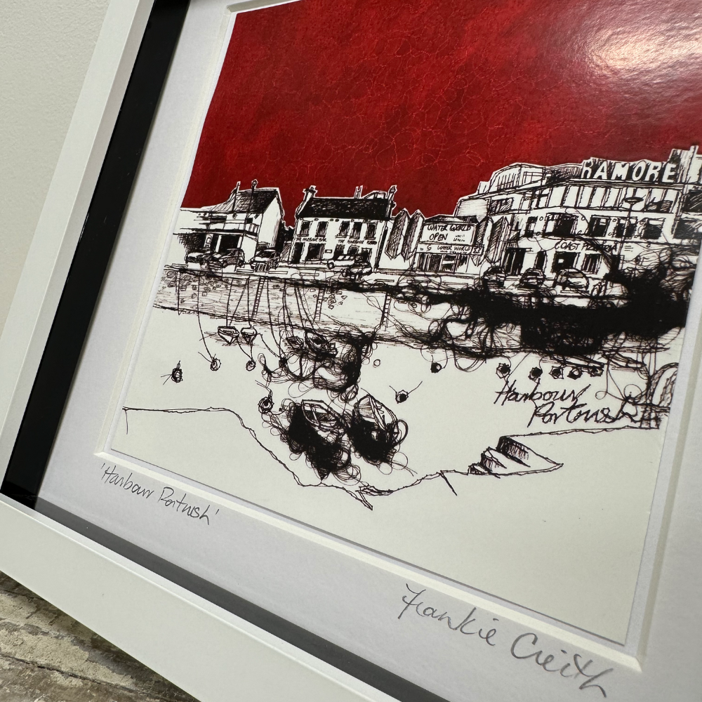 Stitched Portrush Harbour Box Framed Print detailed side view
