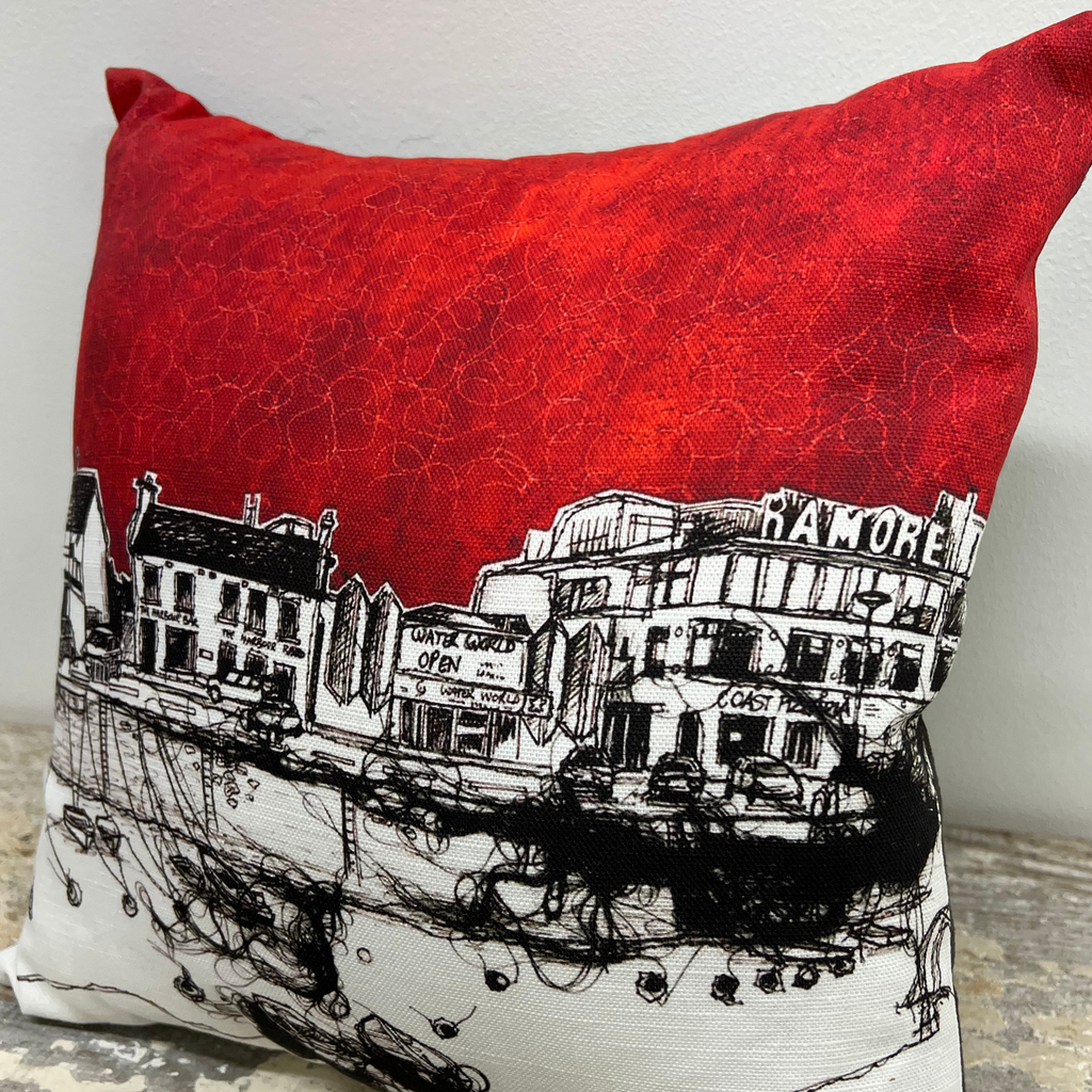 Stitched Portrush Harbour Cushion close up