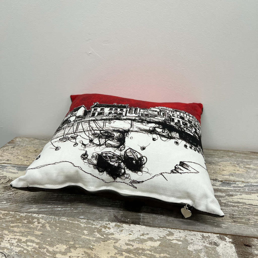 Stitched Portrush Harbour Cushion side view