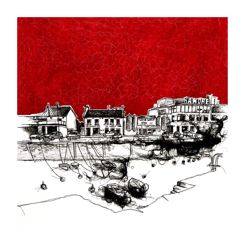 Stitched Portrush Harbour wax hurricane lantern print