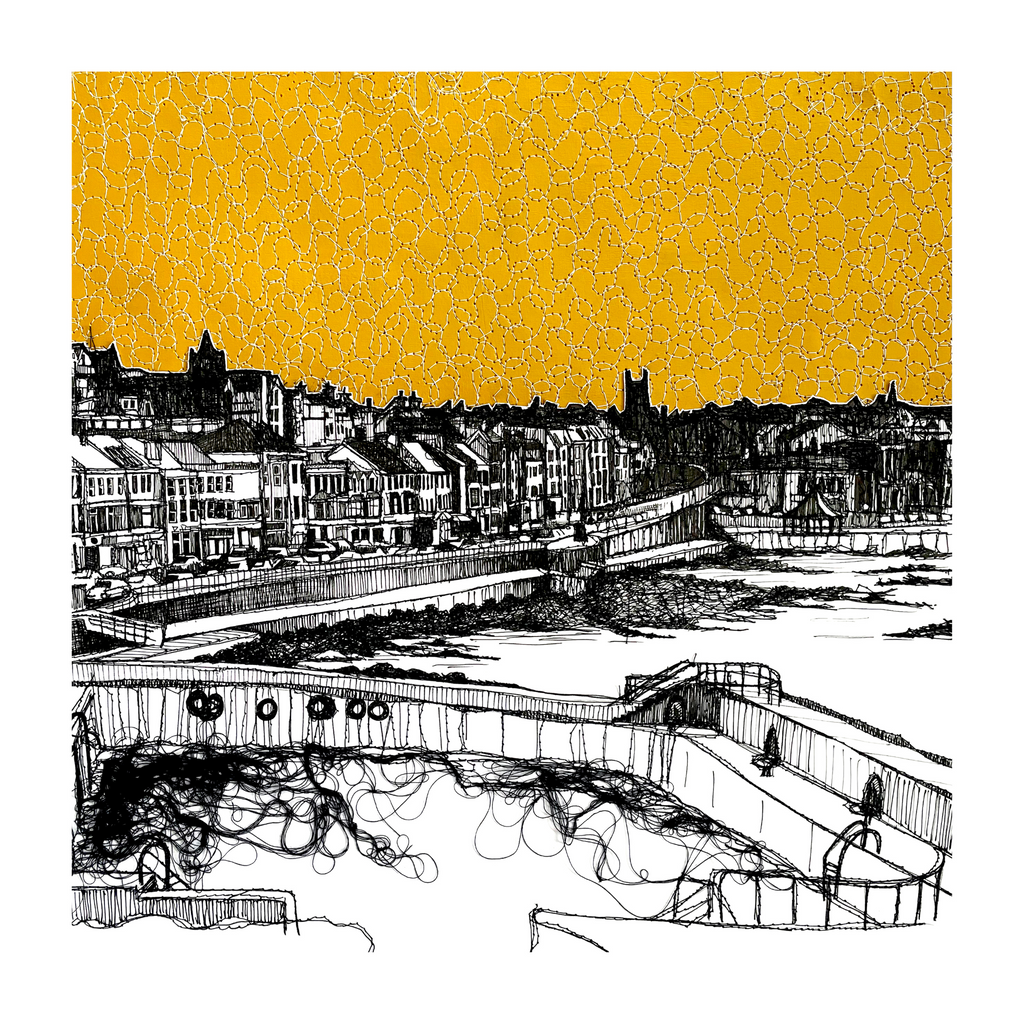 Stitched Portstewart Harbour wax hurricane lantern print